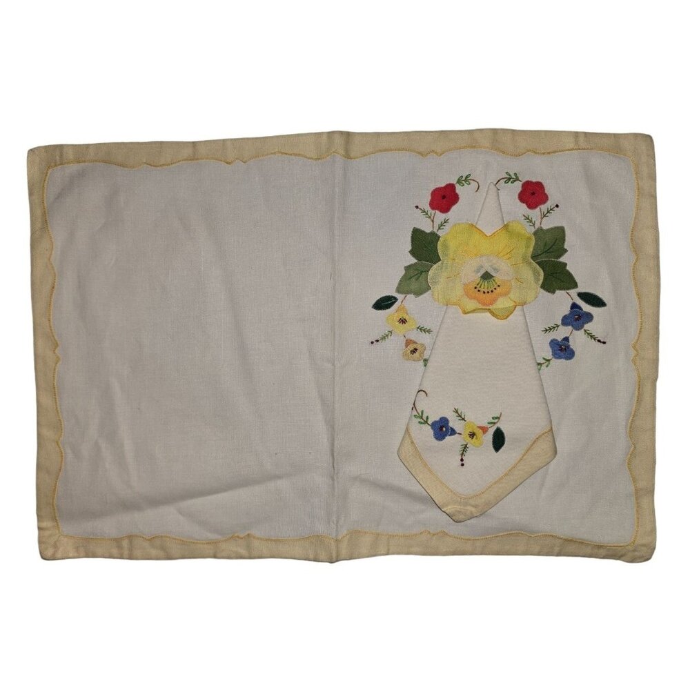 Vintage Floral Embroidered Linen Placemat & Napkin Set of 8